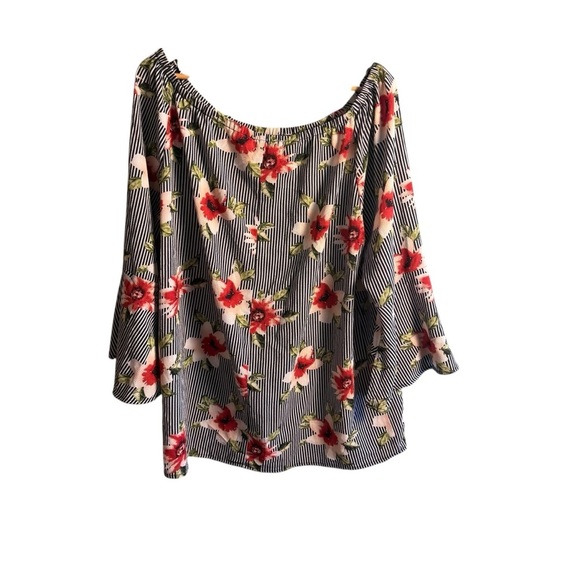 Monteau Women’s Size 3X Off Shoulder Floral Stripe Blouse Black White Red Plus - Picture 6 of 11